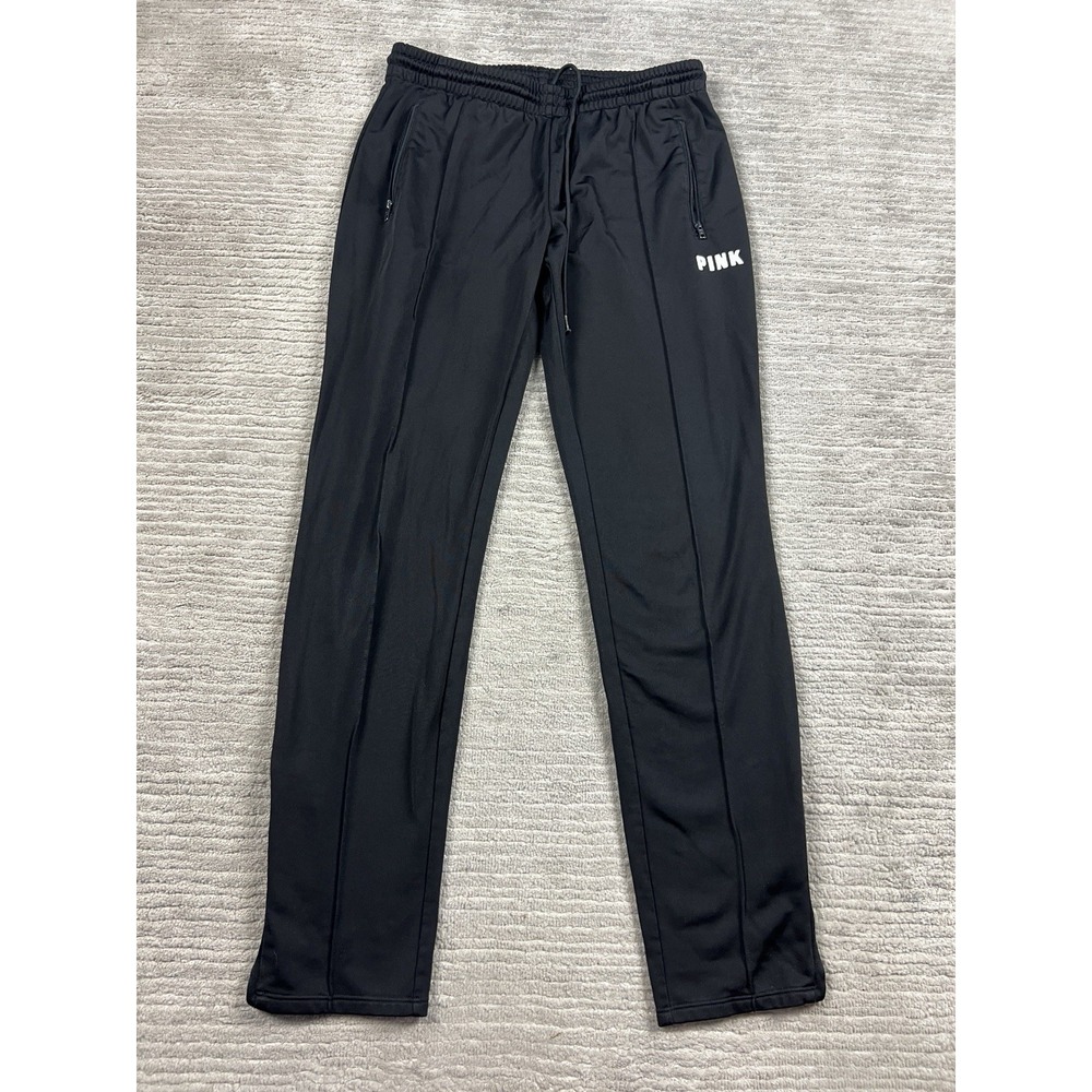 PINK Victoria's Secret Track Pants Womens Small Black Logo Zipper Ankle Pintuck